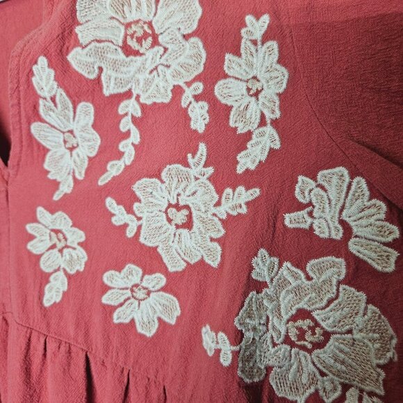 Umgee Coral Tiered Boho Dress With White Floral Embroidery Long Sleeves cotton L - Picture 6 of 9
